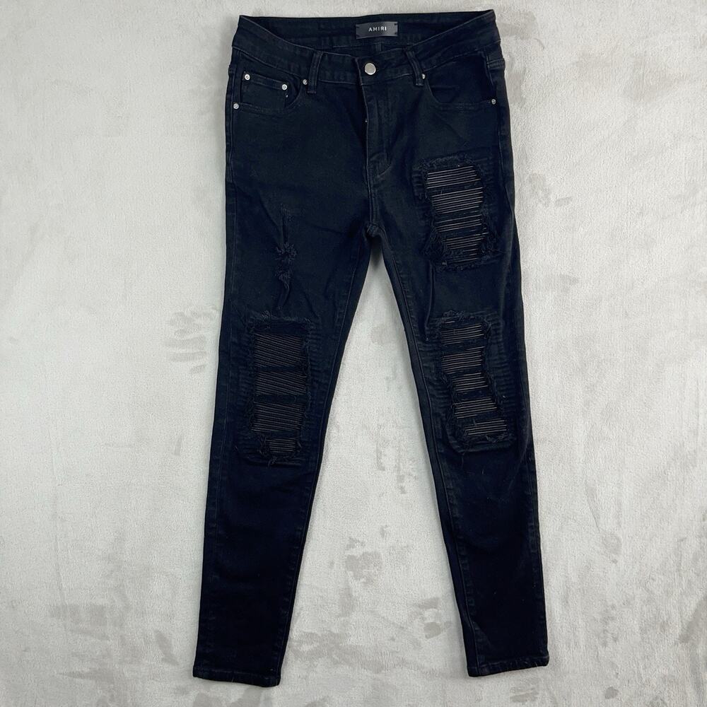 Amiri MX1 Black Leather Accordion Patch Distressed Skinny Jeans 32x28 Luxury